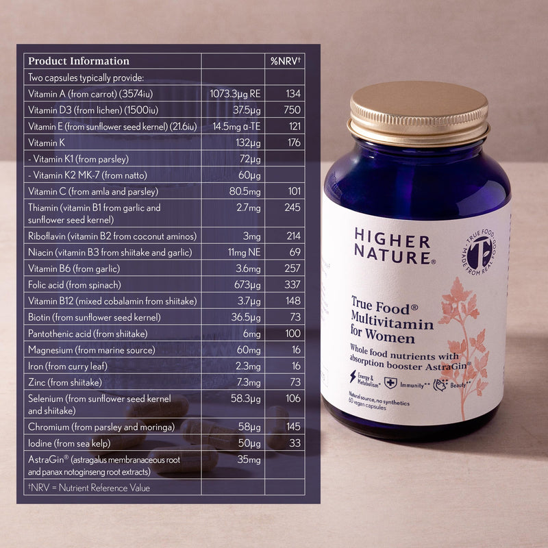 Higher Nature Multivitamin for Women | Whole Food Multivitamin | 20 Essential Vitamins & Minerals | Vitamin C, D, K, B12, Iron, Zinc | True Food® Formula | UK Female Multivitamin | 60 Capsules