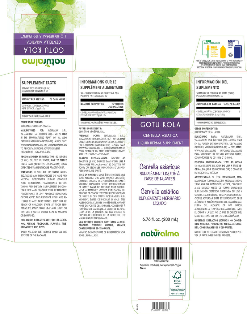 [Australia] - Naturalma Gotu kola (Centella asiatica) herb Alcohol-Free Tincture - 6.76 fl oz Liquid Extract in Drops - Herbal Supplement - Vegan 6.76 Fl Oz (Pack of 1) 