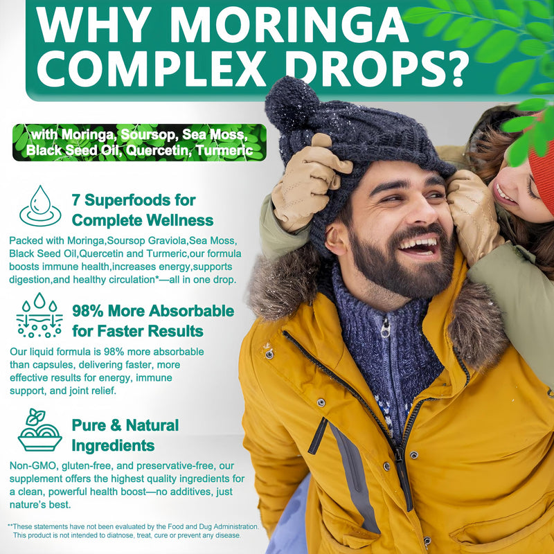 Moringa Drops,Pure Moringa Oleifera Liquid Extract with Soursop Sea Moss Black Seed Oil Quercetin Turmeric - Multimineral&Vitamins Superfood Drops for Energy Immune,Digestive,Cell Support,30 Serving