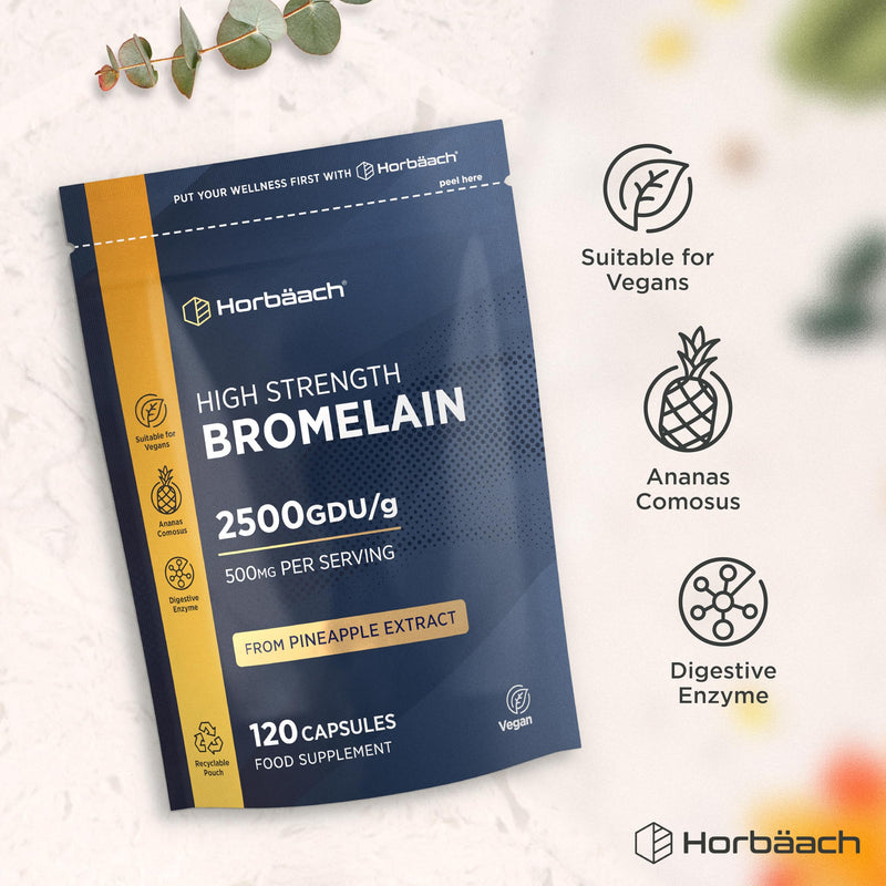 Bromelain Capsules 2500GDU/g | High Strength Digestive Enzyme Supplement from Pineapple Extract (Ananas Comosus) | 500mg | 120 Vegan Capsules | by Horbaach