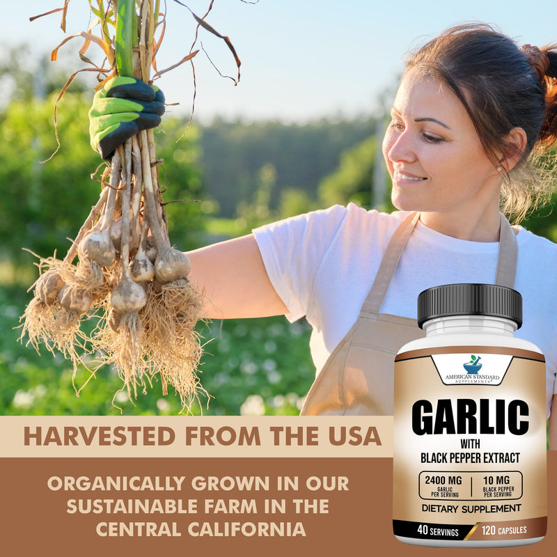 [Australia] - American Standard Supplements Garlic 2400mg Per Serving with Black Pepper Fruit Extract – Vegan, Gluten Free, Non-GMO, 120 Capsules, 40 Servings 