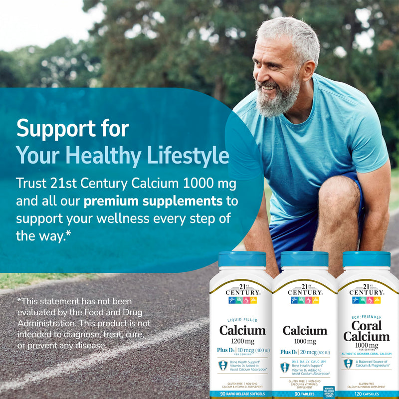 21st Century Calcium 1000mg Plus D3 Tablets, Bone Health, 90 Count | Calcium 1000 mg with Vitamin D3 20 mcg (800 IU), Bone Strength & Density Support, Daily Supplement for Men & Women Unflavored 90 Count (Pack of 1)