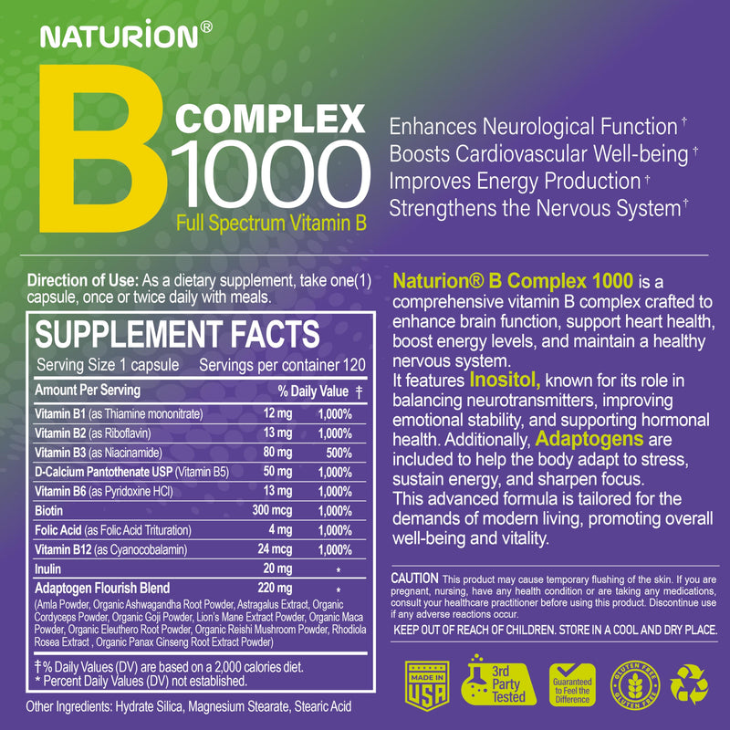 B Complex 1000 - Full Spectrum of B Vitamins for Energy, Heart & Immune Support - B-Complex Supplement with Adaptogens - 120 Capsules, 120-Day Supply 120 Count (Pack of 1)