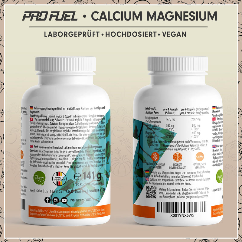 [Australia] - Calcium & Magnesium 180 capsules - high dose with 800 mg calcium + 400 mg magnesium per day - high bioavailability thanks to natural calcium from red algae and magnesium citrate - laboratory tested & vegan 1x 180 capsules 