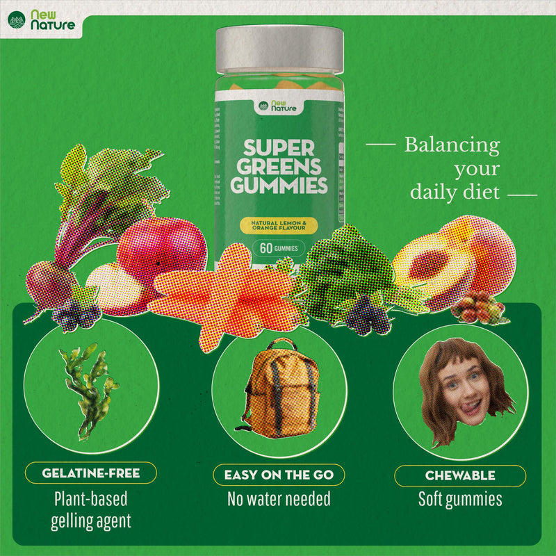 New Nature Super Greens Gummies - Greens Supplement with Fruit & Veggie Powders, Chlorella & Bacillus Coagulans - 60 Lemon & Orange Flavour Gummies - UK Made, Gelatin-Free