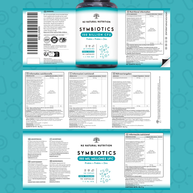 [Australia] - Culture complex 400 billion CFU/g. 20 bacterial strains. Highest concentration with inulin + zinc. Intestinal flora structure. 100% vegan. 90 capsules. N2 Natural Nutrition 