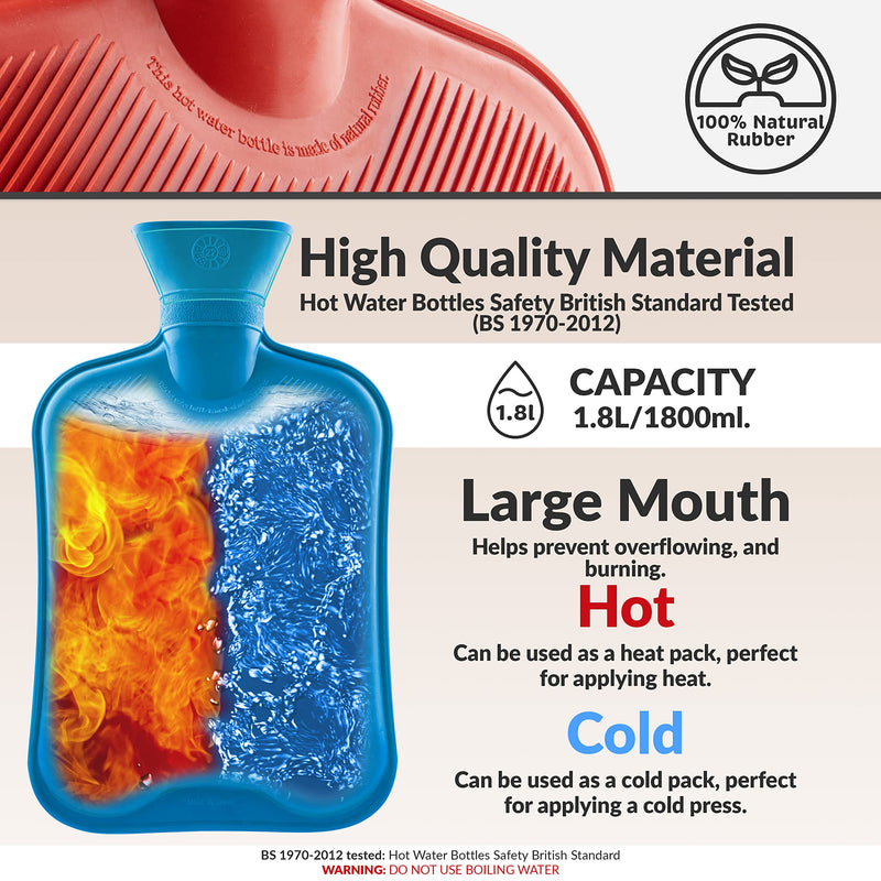 [Australia] - Hot Water Bottle Without Cover, Pack of 2 and 3 Hot Water Bottles Large 1.8L Rubber, Hot Water Bottle Robust and Durable Made of Natural Rubber, Bed Bottle for Children and Adults (Blue/Red/Yellow, 3 Pack) Blue/Red/Yellow 
