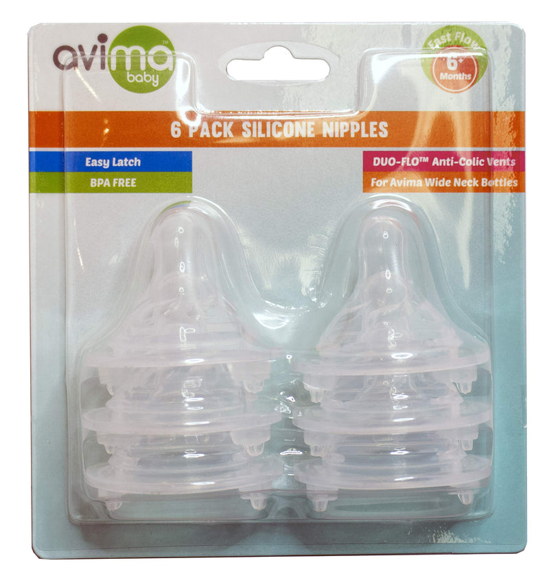 Avima Baby Silicone Nipples for Wide Neck Bottles, Fast Flow 6 Months+ (Set of 6)