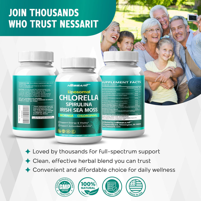 [Australia] - Chlorella, Spirulina, Irish Sea Moss, Moringa & Chlorophyll ‚Äì Support Energy, Vitality & Antioxidants ‚Äì 180 Capsules ‚Äì Made in USA 180 Count (pack of 1) 