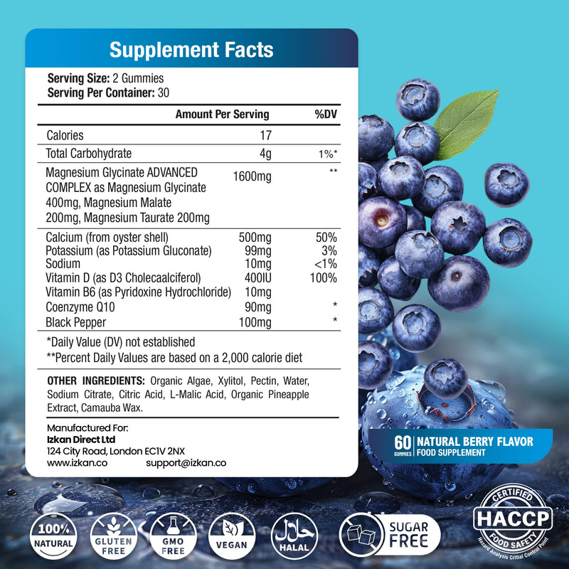 Magnesium Glycinate 1600mg with Calcium, Potassium, Vitamin D & CoQ10 – High Absorption Magnesium Supplement for Sleep, Muscle, Nerve & Mood Support – 60 Gummies (1) 1