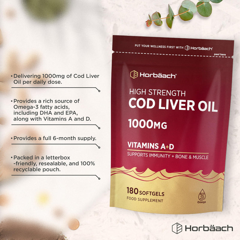 Cod Liver Oil Capsules High Strength 1000mg | 180 Softgels (6 Months Supply) | with Omega 3 Fatty Acids with Vitamin A and D + DHA & EPA | Formula for Adults | By Horbaach