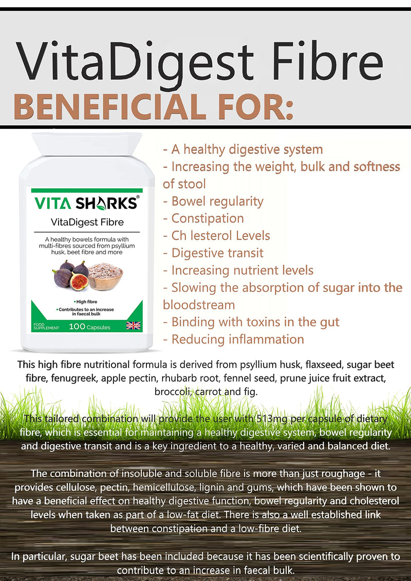 VitaDigest Fibre - Vegan Dietary High Fibre Capsules for Healthy Clear Bowels & Increased Faecal Bulk with Psyllium Husk Fiber, Flaxseed & Beetroot - Kosher Fibre & Bulk