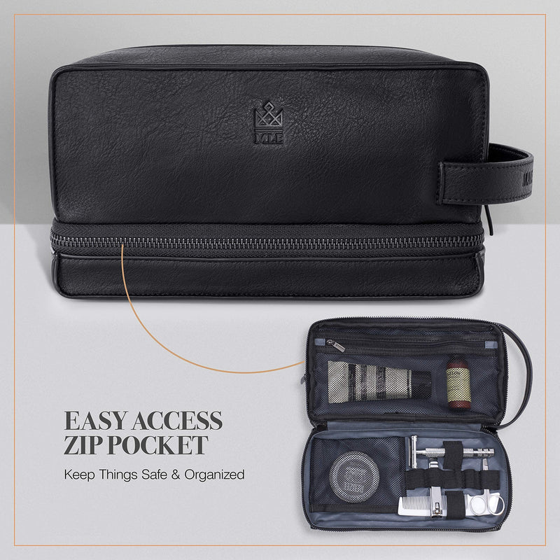 MAKE LIFE EXCLUSIVE Men's Leather Toiletry Bag, Travel Dopp Kit, Shave Kit | Waterproof, Razor & Cologne Compartments, Grooming Organizer for Travel – Men's Gift Midnight Black 2 - Compartment