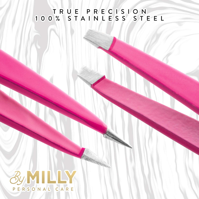 Precision Tweezers Set | Slanted and Pointed Tip Tweezers Kit | High Carbon Stainless Steel | Aligned & Hand-Filed Tweezer Set Professional | Hair Removal & Eyebrow Tweezer Set | Pink