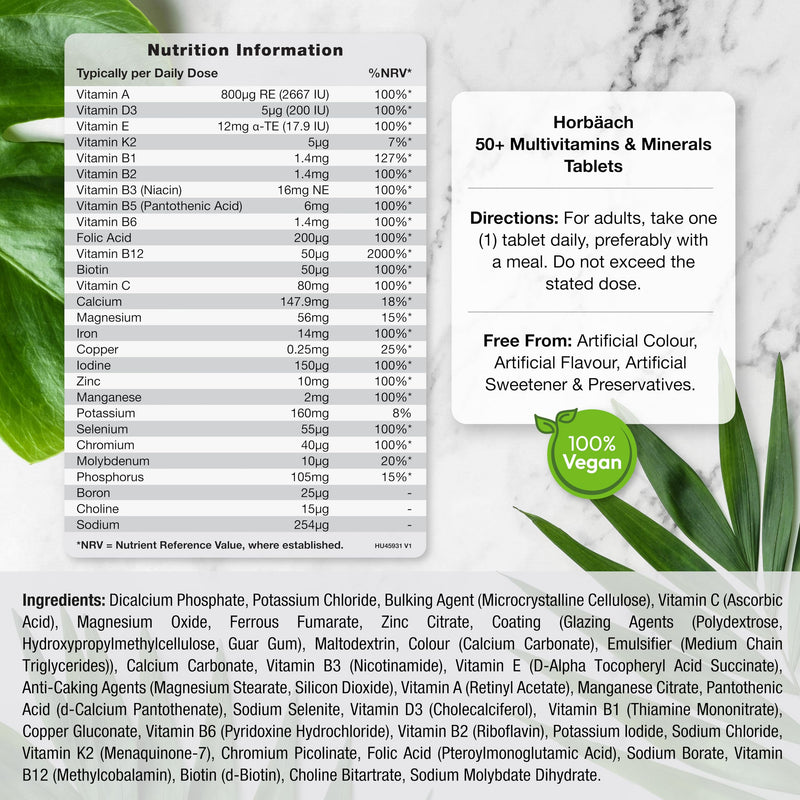 Multivitamin Tablets for Men 50 Plus | 180 Count | One-a-Day Formula | 28 Essential Nutrients | with Vitamin C, B6, D3, Iron and Magnesium | Vegan | By Horbaach