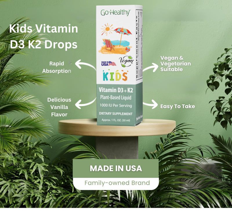 [Australia] - Go Healthy Kids Vitamins D3 K2 (MK-7), Child Vitamin D, Liquid Vegan D3 K2 Drops for Kids, Sugar-Free, Easy-to-Absorb, Children's Growth & Immune Support, Vanilla Flavor - 30 Servings 