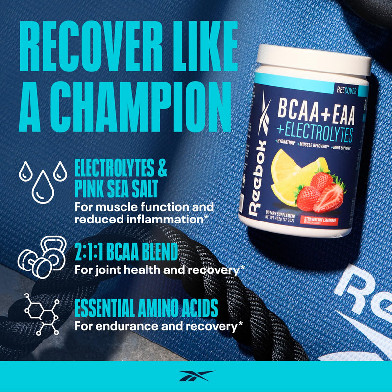 [Australia] - Reebok REECover Amino Acids + Electrolytes | 8g EAAs, 5g BCAAs, Hydration Matrix | Muscle Recovery, Strength | Post-Workout Support | 30 Servings | Strawberry Lemonade 