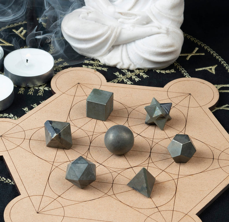 Crocon Golden Pyrite 7 Pcs Crystals Geometry Set Platonic Solids Stone | chakra Sacred Geometric Stones for Meditation Reiki Balancing Healing Chakra Stone Cleansing Spiritual Good Luck (15-20 mm) Set of 7