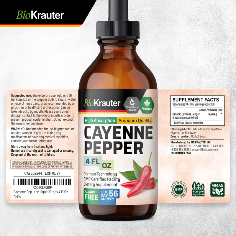 [Australia] - BIO KRAUTER Cayenne Pepper Extract Liquid - Pure Capsaicin Extract - Liquid Cayenne Pepper Drops for Digestive Support - Sugar & Alcohol Free 4 Fl.Oz. 4 Fl Oz (Pack of 1) 