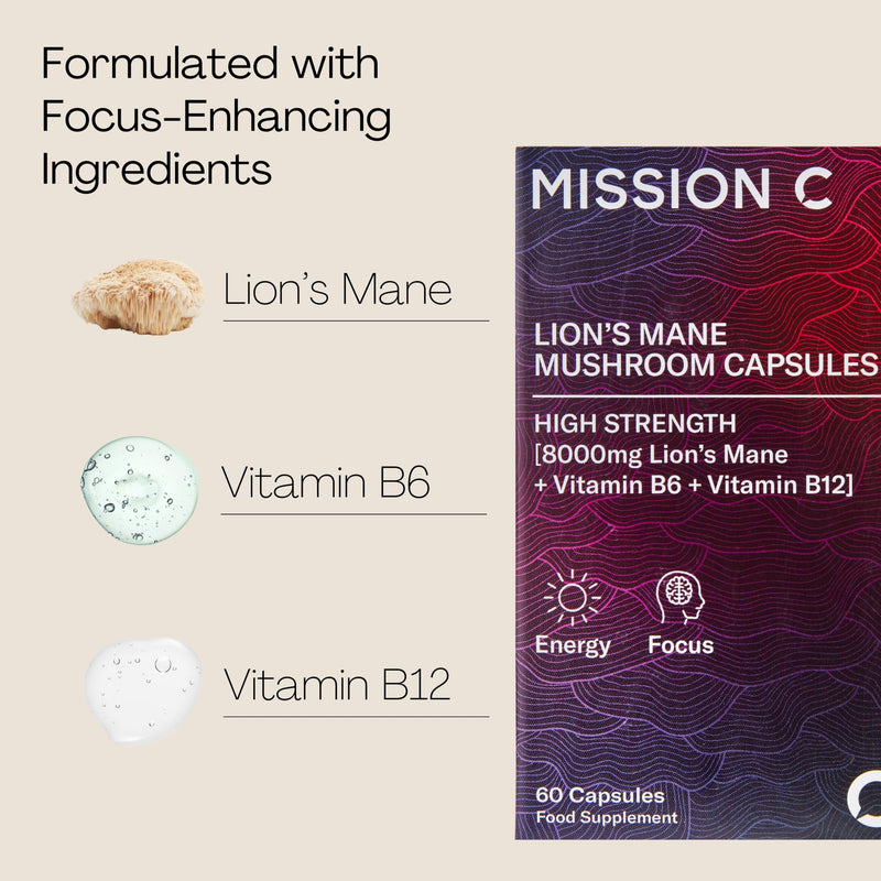 Lions Mane Mushroom Capsules 8,000mg with Added Vitamin B6 and B12 | Nootropic Supplement for Cognition, Mood, Immunity & Inflammation | 60 Two-a-Day Vegan Capsules - Mission C Lion's Mane