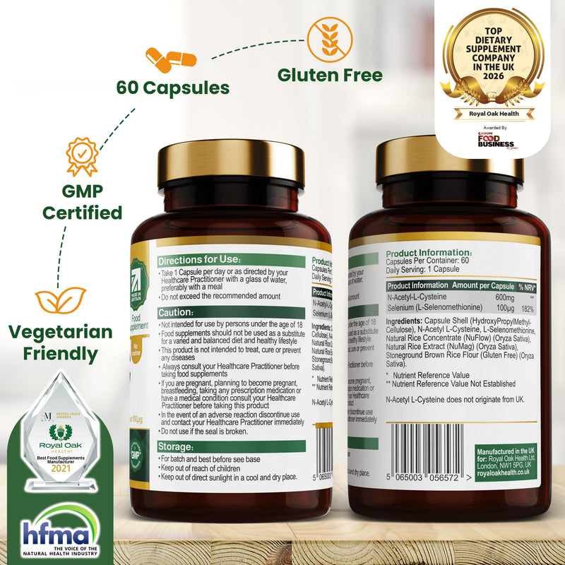 NAC 600mg + Selenium 200µg | N-Acetyl L-Cysteine with L-Selenomethionine | High Strength Premium Form | Iodine Free | 60 Capsules | Vegan | UK Made NAC with Selenium