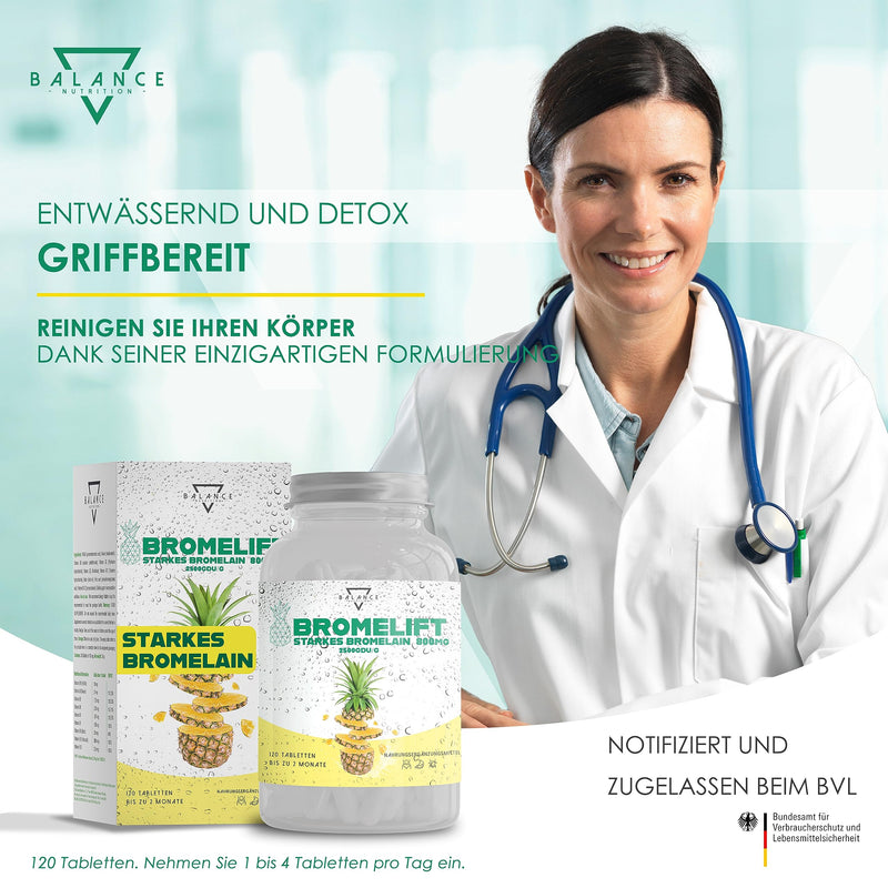 [Australia] - BROMELIFT® Bromelain 2500 GDU/g (DETOX DRAINAGE DIET INCLUDED) - 120 TABLETS | Bromelain high dose | 5,000 FIP high dose | Bromelain capsules, detox treatment, with fennel, green tea, vegan 