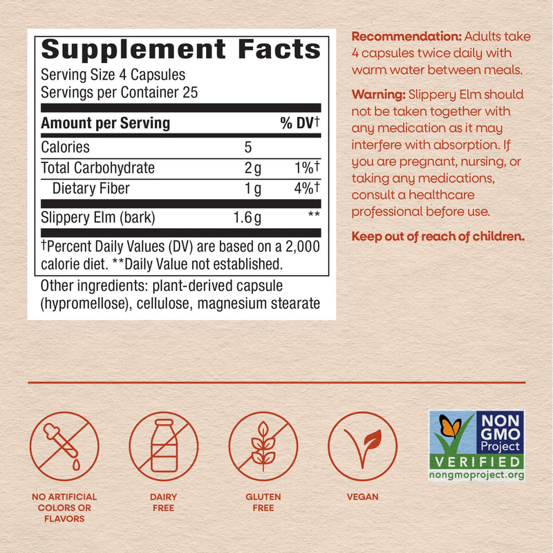 Nature's Way Slippery Elm Bark Capsules, 1,600 mg per Serving, 100 ct | Traditional Digestive Support to Soothe Gastrointestinal Tract*, Traditional GI Support*, Vegan Capsules 100 Count (Pack of 1)