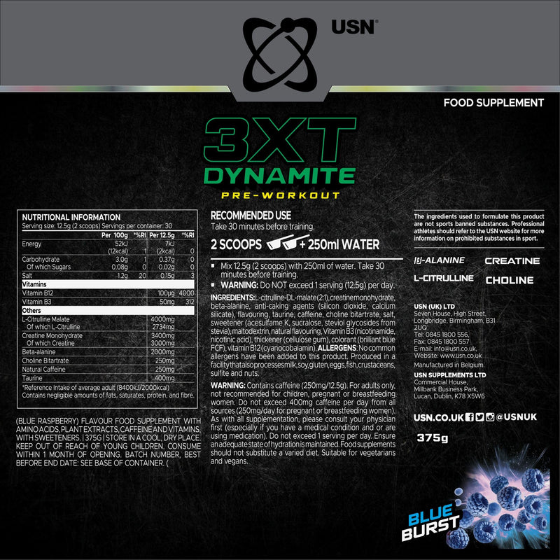 USN 3XT Dynamite Pre Workout Powder (30 Servings – 375g). Pre- Workout Energy Drink with Natural Caffeine (250mg), Citrulline, Creatine, Beta Alanine, Choline, Taurine and Zero Sugar – Blue Raspberry