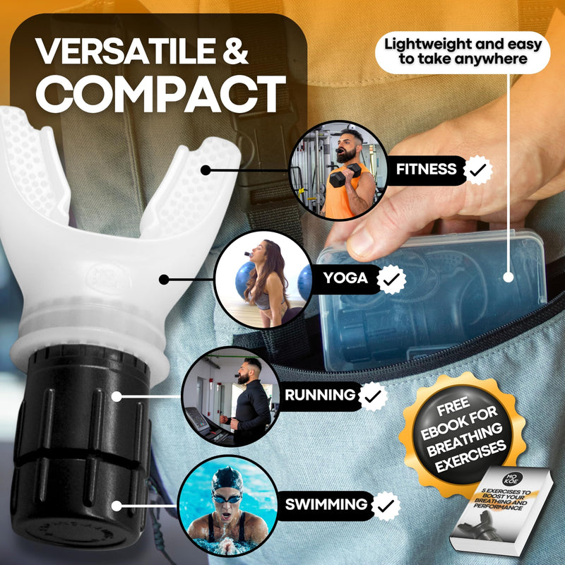 OXY Portable Breathing Trainer with 2 Nozzle Sizes (2"/2.5") & Adjustable Resistance - Lung Exercise Device for Fitness, Singing, Recovery - Boosts Capacity & Endurance, Compact & Easy to Clean White