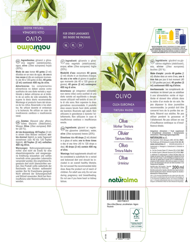 Olive (Olea europaea) Leaves Alcohol-Free Mother Tincture Naturalma - Liquid Extract Drops 200 ml - Food Supplement - Vegan 200 ml (Pack of 1)