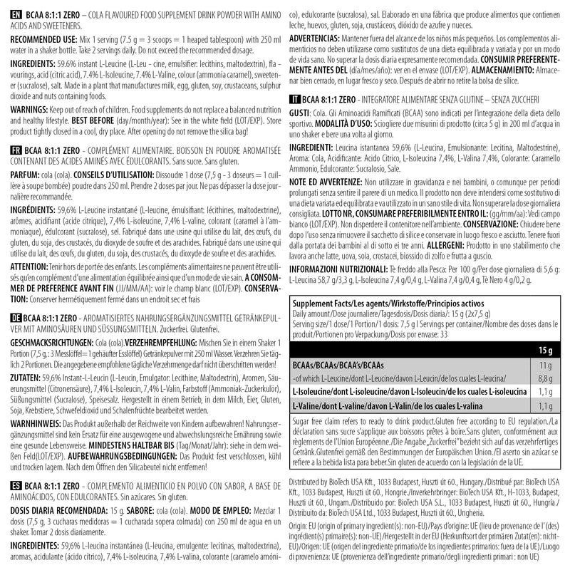 BioTechUSA Bcaa 8:1:1 Zero, Cola, 250 g