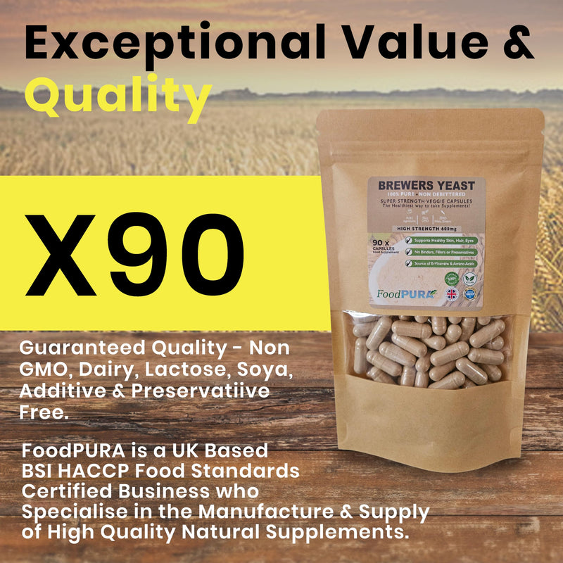 90 x 600mg Brewers Yeast Capsules 100% Pure & Natural Not Debittered HACCP Certified Manufactured in The UK (90) 90