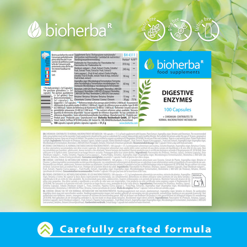 Digestive Enzymes Complex with Papaya, Bromelain & Chromium – 100 Capsules for Enzyme Support and Metabolism by BIOHERBA 100 pcs