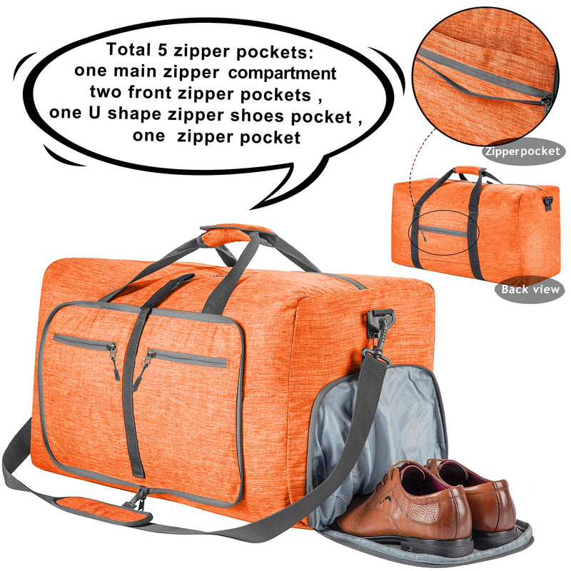 Vomgomfom 65L/85L/115L Foldable Travel Duffle Bag with Shoe Compartment | Tear-Resistant 600D Polyester, Only 1.06 lb, Folds Into Compact Pouch, 5 Zip Pockets, Trolley Sleeve, Gym & Weekend Ready L Orange 115L