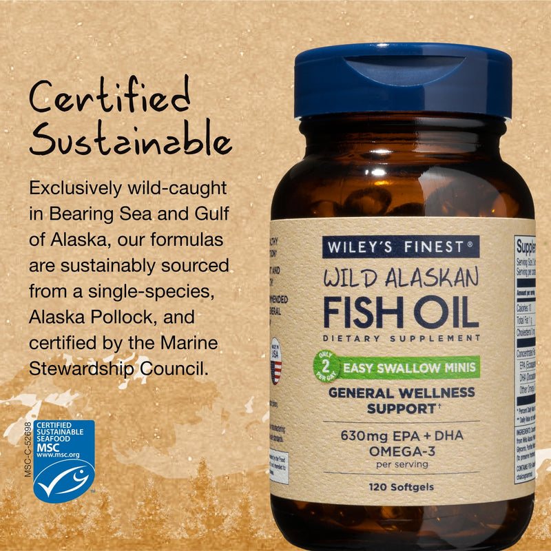 [Australia] - Wiley's Finest Wild Alaskan Fish Oil Easy Swallow Minis - Omega-3 Fish Oil Supplement for Adults and Kids - Double-Strength 630mg EPA and DHA Natural Supplement - 120 Mini Softgels (60 Servings) 120 Count (Pack of 1) 