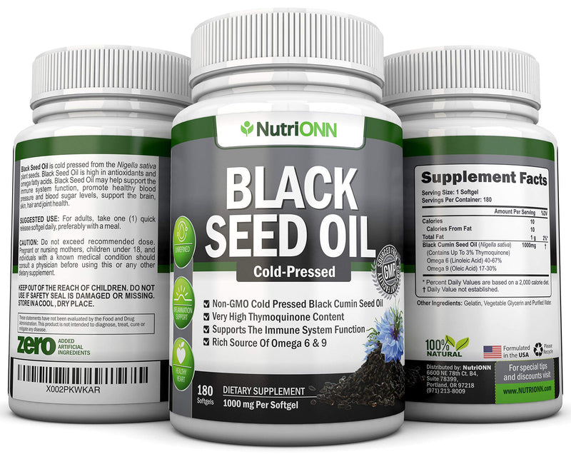 [Australia] - Black Seed Oil - 1000 Mg - 180 Softgels - Cold-Pressed Non-GMO Black Cumin Seed Capsules - Super High Thymoquinone Content - Nigella Sativa - Rich in Omega 6 & 9 Fatty Acids - Immune & Joint Support 