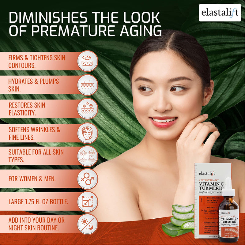 Elastalift Concentrated Vitamin C + Turmeric Oil Anti Aging Facial Serum Skin Care Booster - Promote Clear & Brighten Tone - Hydrate Dry Skin, Fight Redness, Restore Strength - 1.75 Fl Oz 1.75 Fl Oz (Pack of 1) Vitamin C + Turmeric Face Serum