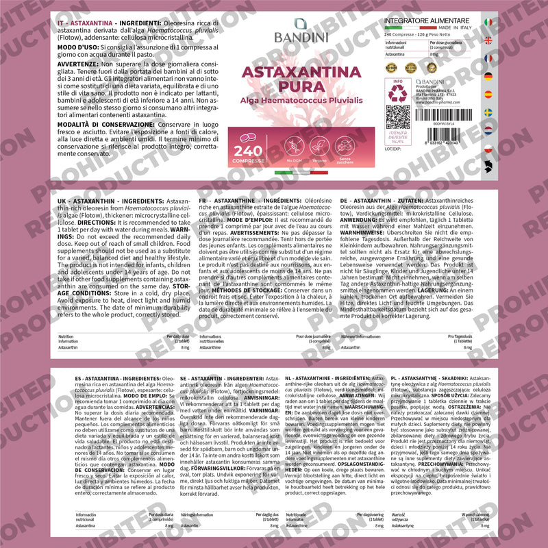 Bandini® Pure Astaxanthin 240 High Strength Tablets (8 Months Supply) | Powerful Antioxidant from Haematococcus Pluvialis Algae | Astaxanthin Supplement 8mg, Magnesium Stearate & GMO-Free | Vegan