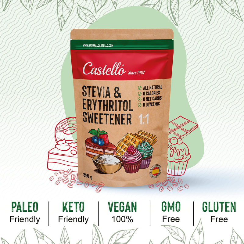 [Australia] - Stevia + erythritol 1:1 sweetener | 1g = 1g sugar | 100% Natural Sugar Substitute - 0 Calories - 0 Glycemic Index - Keto and Paleo - 0 Net Carbs - No GMO - Castello since 1907-850 g 