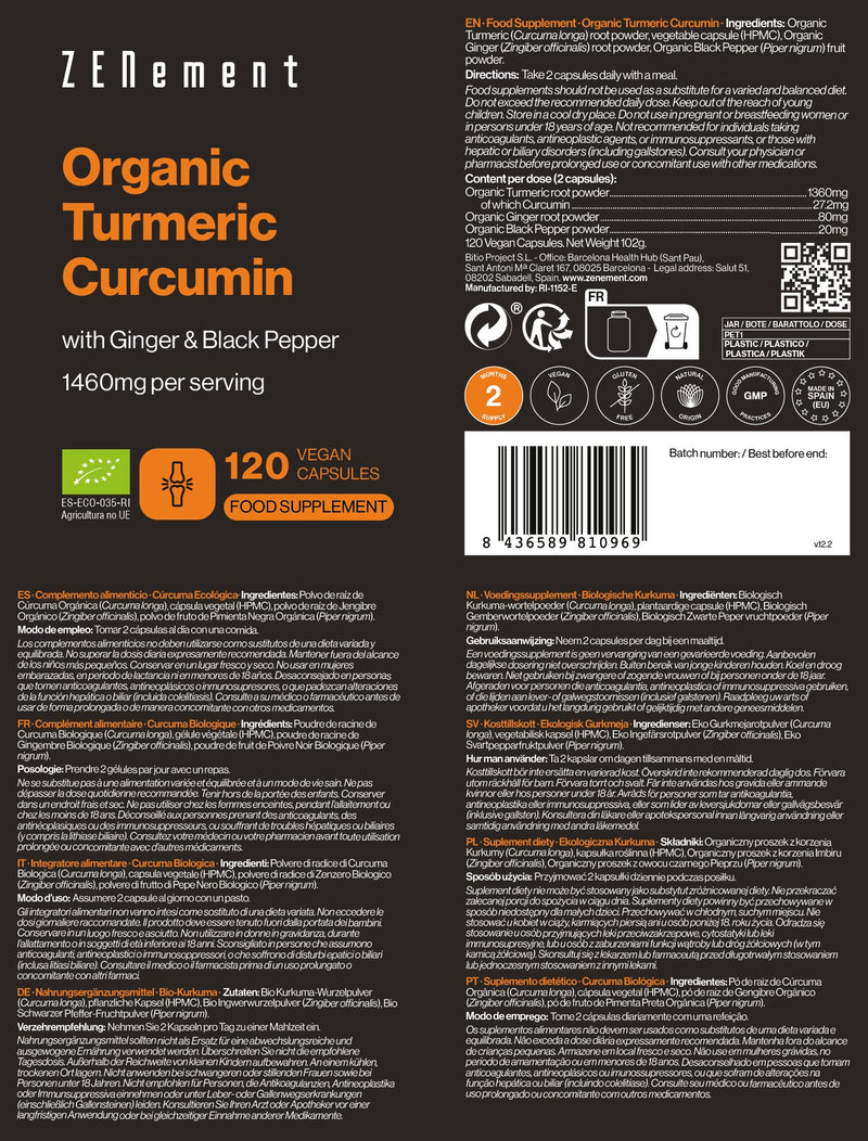 Organic Turmeric Curcumin - 1460mg (2 Capsules) with Ginger & Black Pepper - 100% Organic & Vegan, High Absorption Synergistic Formula - 120 Plant-Based Capsules, 2 Month Supply - Zenement