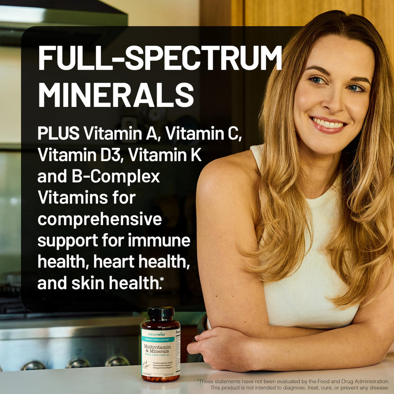 NatureWise Multivitamin for Women + Stress Support with Organic Whole Foods & Natural Minerals - B-Complex + Vitamin C + D3 K2 for Immunity, Hair, Skin & Nails - Non-GMO - 60 Capsules[30-Day Supply] 60 Count (Pack of 1) Probiotics