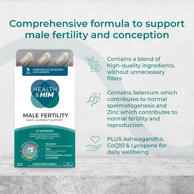 Health & Him Male Fertility Multi-Nutrient Support - Conception Vitamins for Men - Contains Selenium, Zinc & Ashwagandha - 60 Capsules - 30 Day Supply - Vegan & Gluten Free 60 count (Pack of 1)