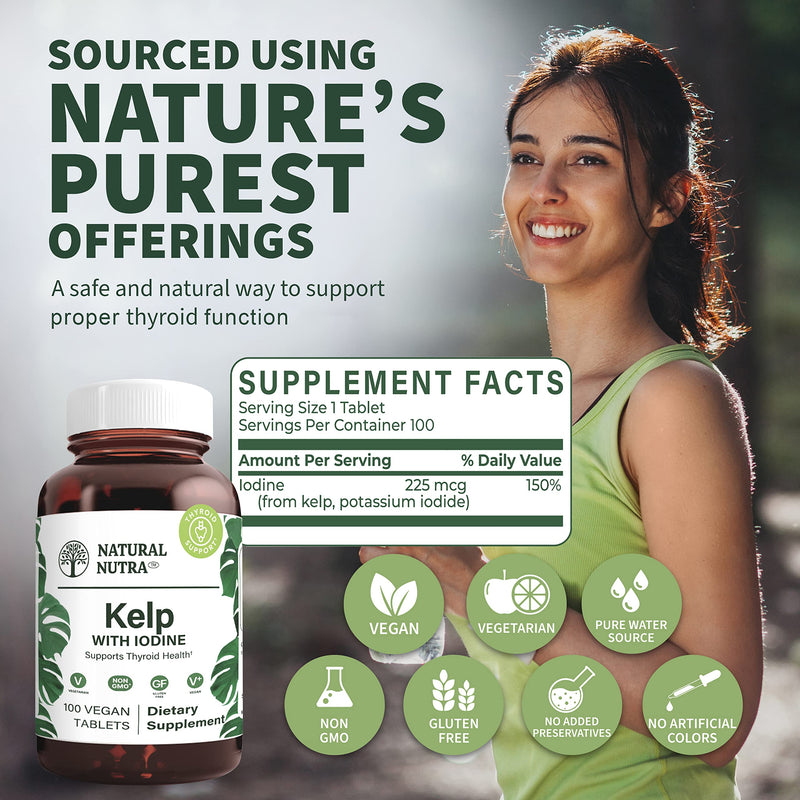 [Australia] - Natural Nutra Kelp Iodine Supplement, Helps Improve Brain Health, Strengthens Immune System, and Regulates Metabolism, Vegan Sea Kelp, Atlantic Sourced Seaweed Extract, 225 mcg, 100 Tablets 100 Count (Pack of 1) 