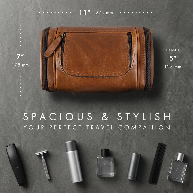 Real Leather Toiletry Bag for Men - Large Hanging Travel Organizer for Toiletries, Ideal for Dopp Kit & Shaving Kit for Men, Essential Mens Travel Toiletry Bag for Toiletries (Cognac)