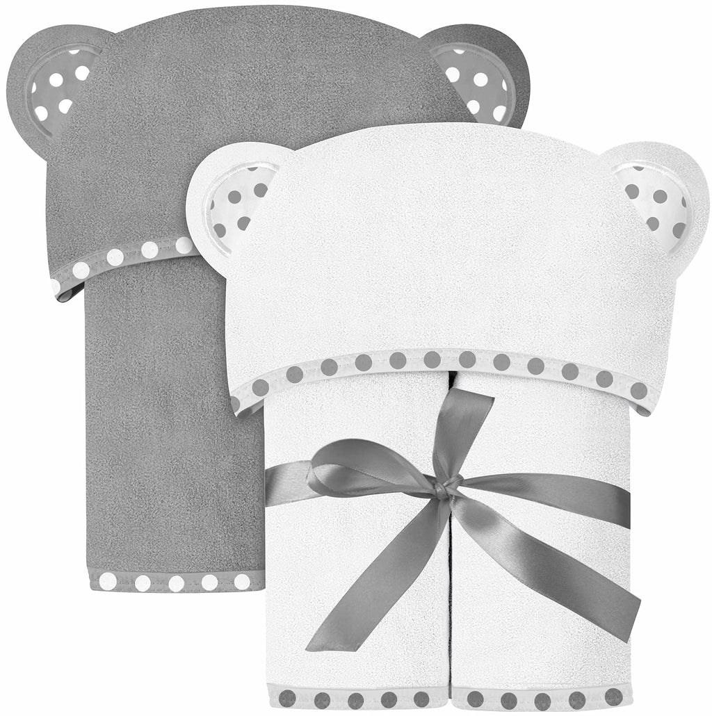 Set of 2 Hooded Baby Towels – White and Grey – Luxurious, Large and Super Absorbent – 30 x 30 Inch – Soft and Suitable for Infants, Toddlers and Kids – 400 GSM