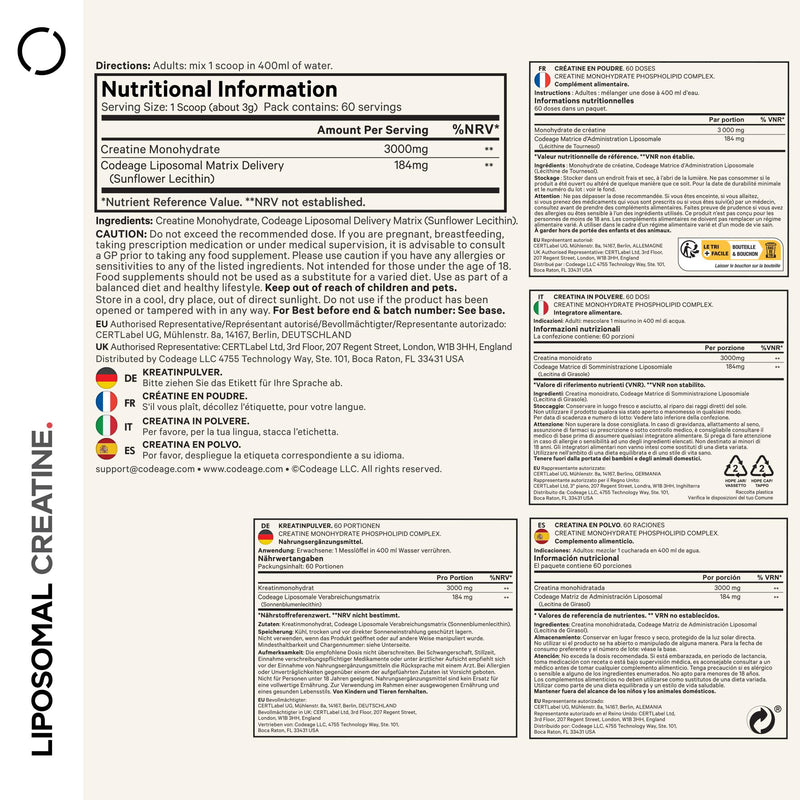 Codeage Liposomal Creatine Monohydrate Powder – 3000mg per Serving, Unflavoured, 60 Servings – Pre & Post Workout Supplement – 2-Month Supply