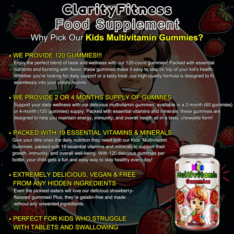Multivitamin for Kids -120 Natural Strawberry Flavour Gummies (2 Or 4 Month Supply) - Low-Sugar -19 Essentials Vitamins & Minerals - Vegetarian Vitamins for Kids (120 Gummies, Strawberry) 120 count (Pack of 1)