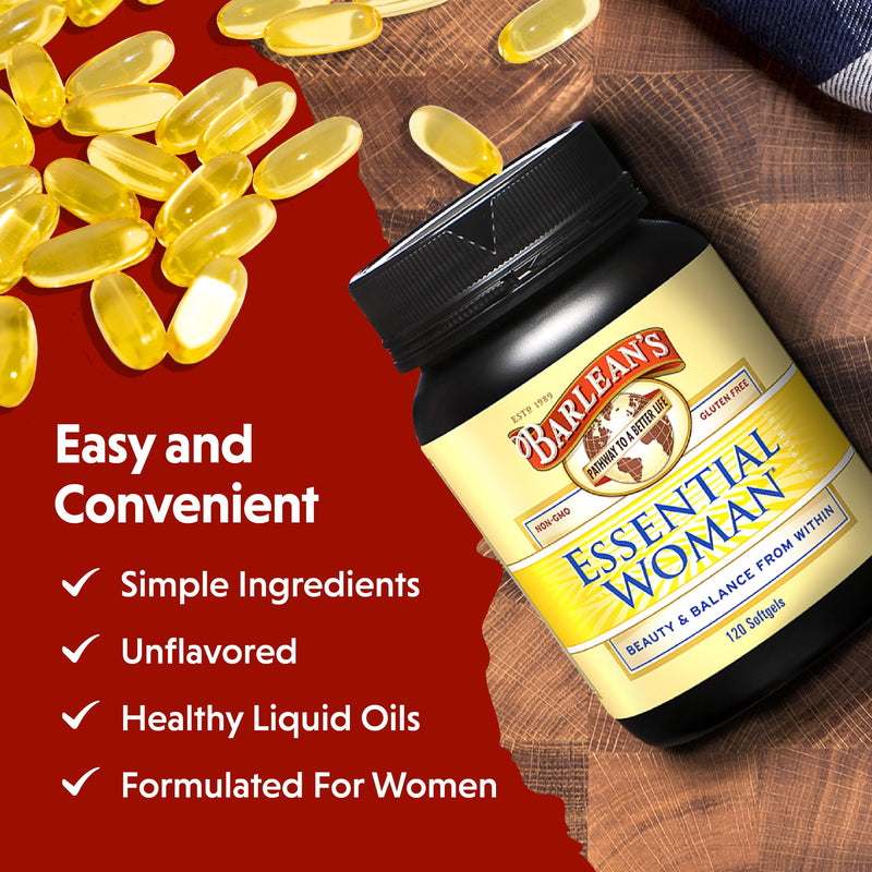 [Australia] - Barlean's Essential Woman Capsules, Hormonal Balance Supplement for Women, Flaxseed, Evening Primrose Oil & Soy Isoflavones, Omega 3 6 9 and GLA for Healthy Hair and Skin, 120 Count Softgels - 120 Count 