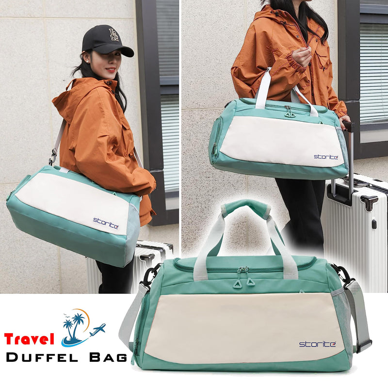 Storite Travel Duffle Bag with Shoe Compartment, Green/White, 51x22x28 cm | Water Resistant Nylon, Lightweight, Multi-Pocket, Wet Pocket, Adjustable Shoulder Strap, Travel, Gym, Weekend Trips