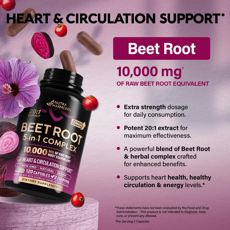 [Australia] - Beet Root Capsules - Healthy Blood Pressure Support Supplement** for Heart & Circulation Support - with Hawthorn Berry, Hibiscus & Garlic - Nitric Oxide for Energy - Made in USA, 120 Capsules 120 Count (Pack of 1) 
